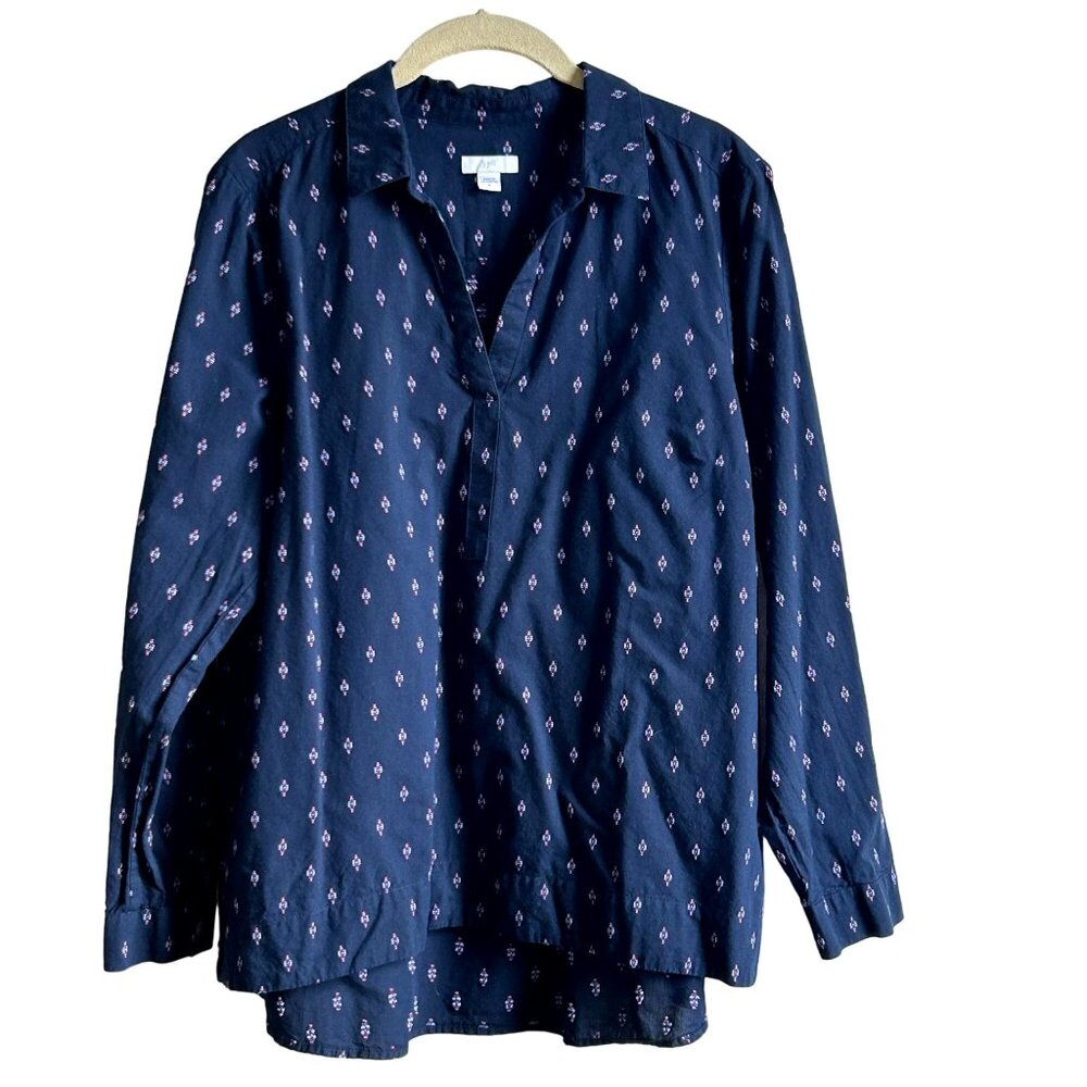 J Jill  Popover Blouse Top Multicolor Patterned Split Neck Navy Blue Womens Sz M